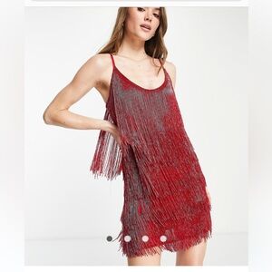 ASOS DESIGN embellished fringed mini dress in red size 6
